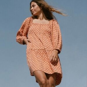 Billabong Orange Rust Floral Puff Sleeve Off-Shoulder Tiered Mini Dress, Size M